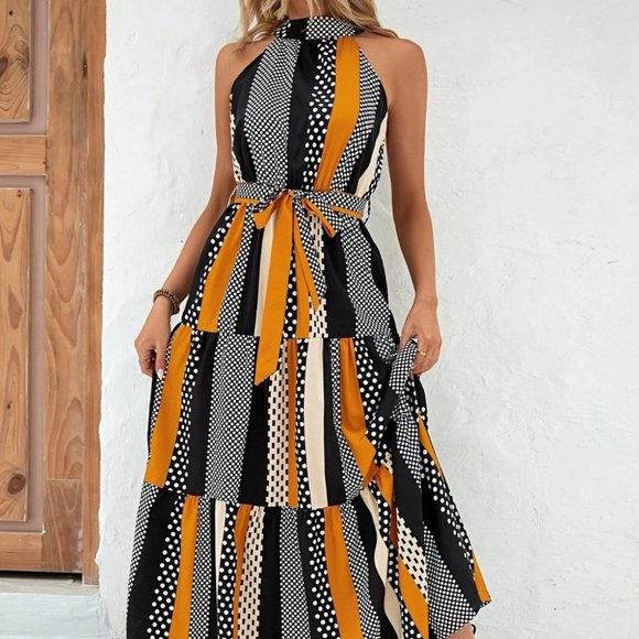 Boho Vacay Womens multicolor striped & Polka Dot Print maxi Dress - Picture 3 of 5